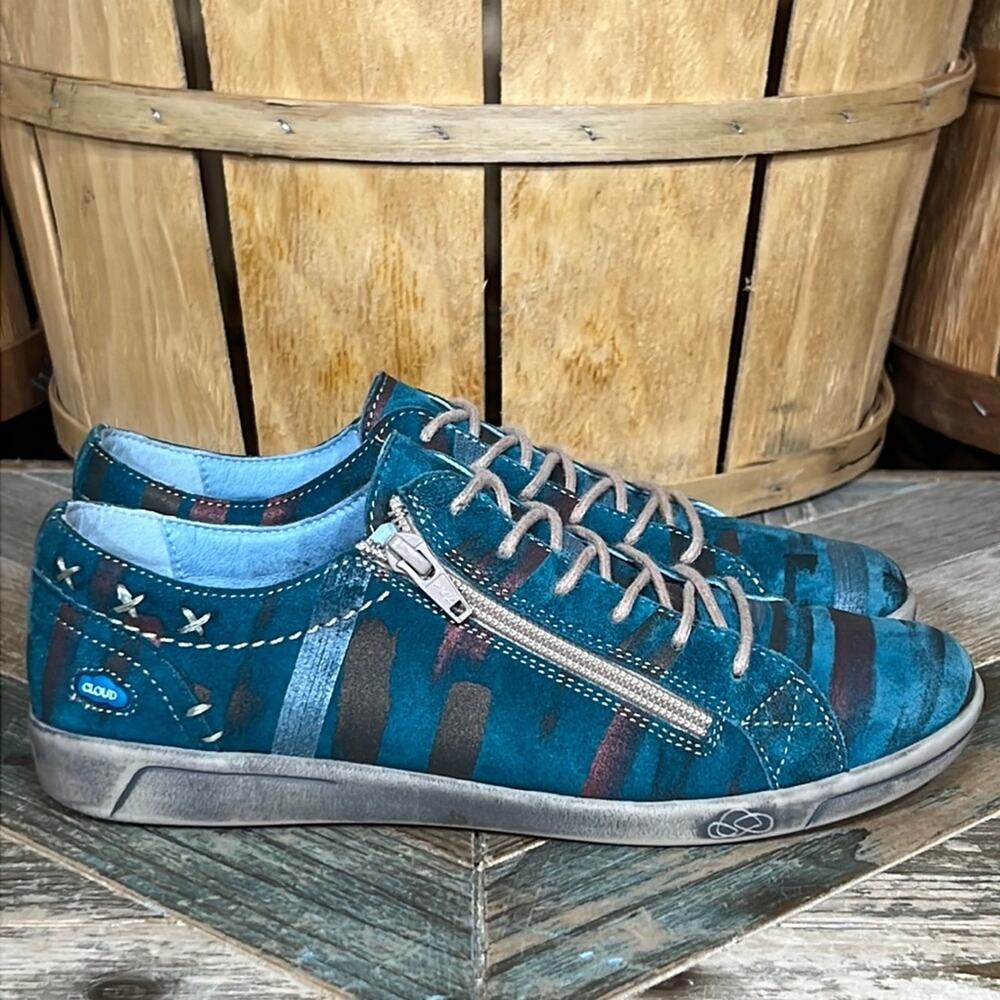 CLOUD Aika Side-Zip Teal Metallic Gray Leather Minimalist Sneaker Women Size 7.5